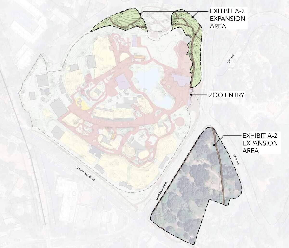 The two expansion areas in William Land Park that the city of Sacramento would provide to the Sacramento Zoo under the amendment under consideration at Tuesday’s council meeting.